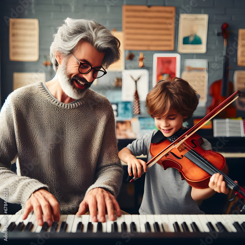a boy with a violin and his grandfather with the piano playing together. Generative AI