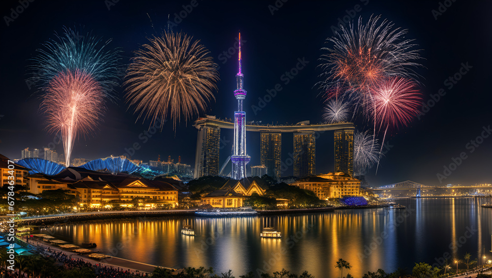 fireworks over the city,
Beautiful Fireworks over Macau tower at night,
Holiday Lights, Downtown Celebrations, Sparkling Night, 