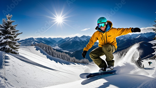 snowboarder on the slope, Mountain-skier jump side view outdoors, Snowboarding, Winter Sports, Snowboarder Action, Mountain Slope, 