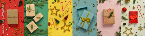 Set of beautiful Christmas gifts on color background photo