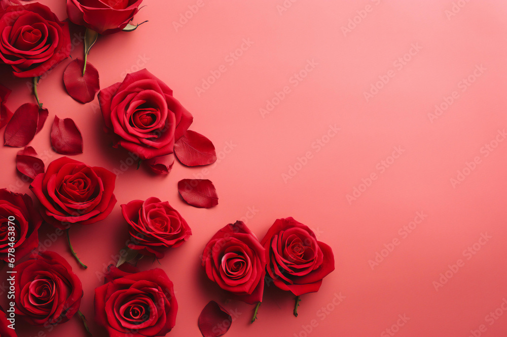 Red roses over a pink background flat lay. Valentine's Day, Birthday abstract background with copy space Red roses over a pink background flat lay. Valentine's Day, Birthday abstract background with copy space