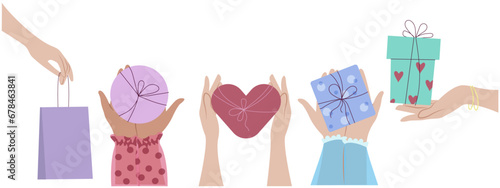 Diverse hands holding gift boxes, valentine's presents vector illustration isolated on white background.  International grant exchange concept xmas holiday, arms gives new year souvenirs.