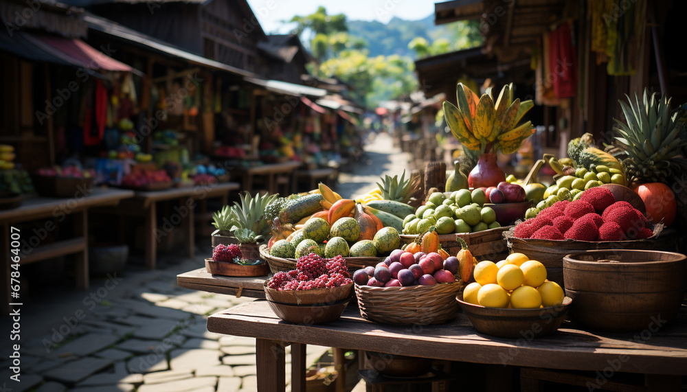 Fresh tropical fruits for sale at the vibrant street market generated by AI