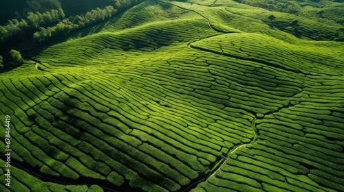 Drone view of Green tea plantation landscape