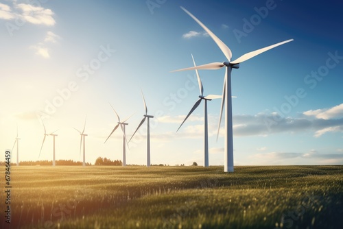 landscape with renewable and sustainable energy with wind turbines . generative ai