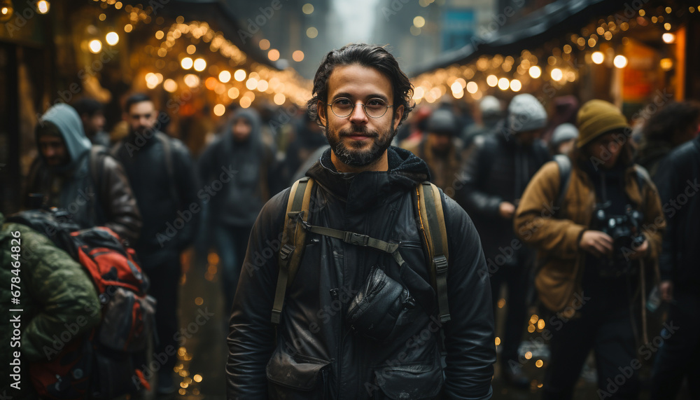 Fototapeta premium Young adults walking in the city at night, smiling and illuminated generated by AI