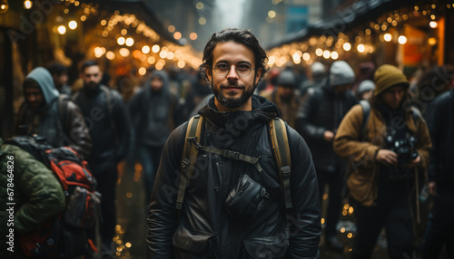 Young adults walking in the city at night, smiling and illuminated generated by AI © Stockgiu