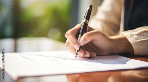 Close up of hand with pen writing on paper on office background