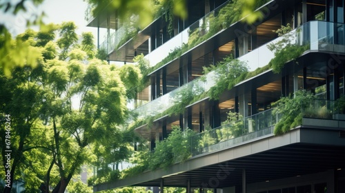 Modern residence with nature concept  Eco-friendly building in the modern city. Green tree branches