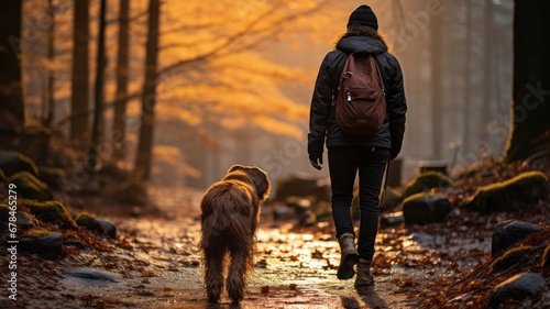 A man walking in an autumn forest accompanied by his dog photo