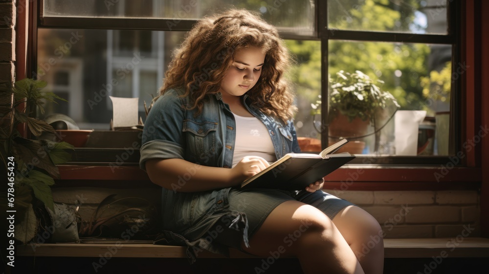 portrait of a chubby Girl using tablet computer while sitting near school window portrait of a chubby Girl using tablet computer while sitting near school window