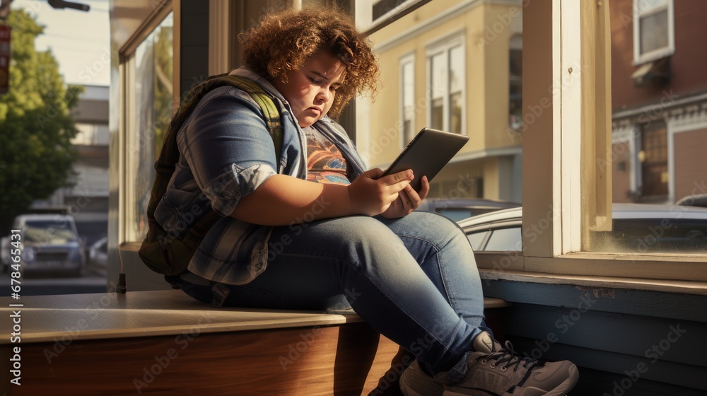 portrait of a chubby Girl using tablet computer while sitting near school window