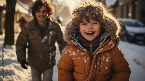 A father and son enjoying a snowfall in winter in a small town