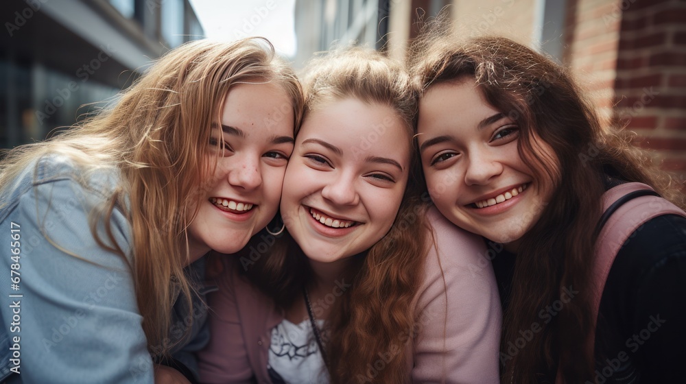 Group of friends, chubby teenage girls, hugging each other, smiling happily at school. Group of friends, chubby teenage girls, hugging each other, smiling happily at school.