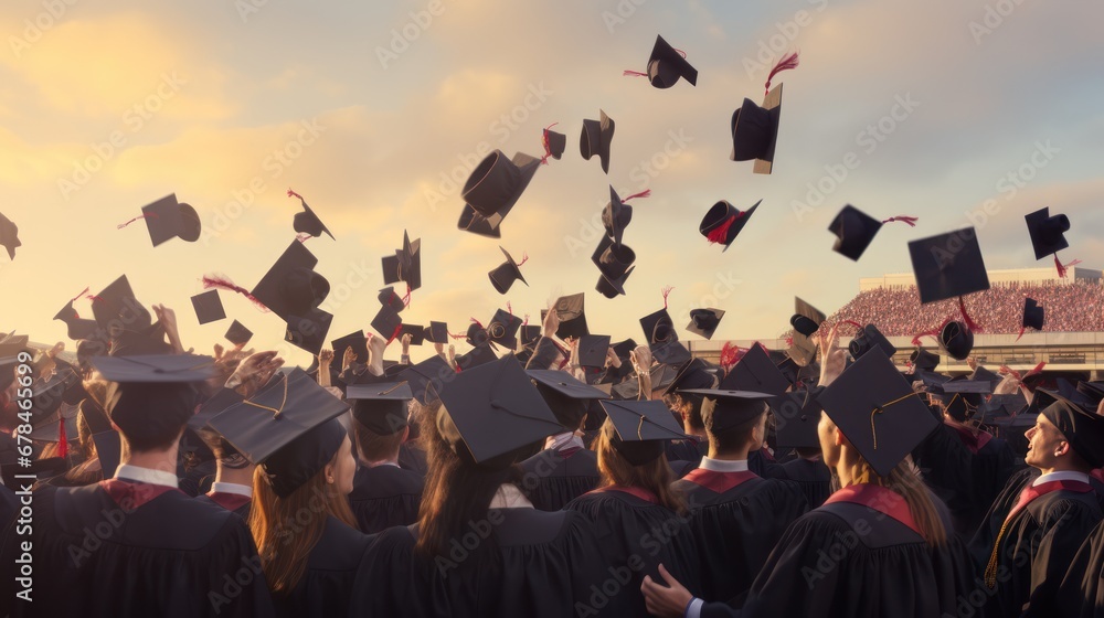 Education concept,rowing graduation caps in the air Education concept,rowing graduation caps in the air