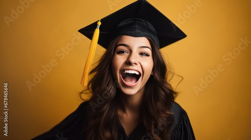 Happy and excited portrait of young student girl in hat of graduation light yellow background