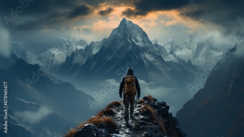 man very equipped to climb a snowy mountain,