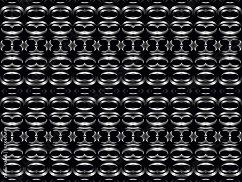 Black metal texture steel background with unique ornament. Abstract metal sheet.