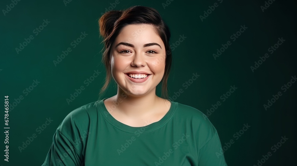 Portrait of a funny young chubby dressed casual t-shirt smiling on a dark green background Portrait of a funny young chubby dressed casual t-shirt smiling on a dark green background