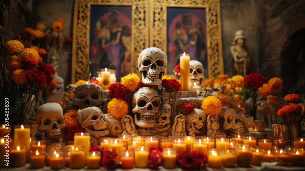 Shot of an altar of the dead with some of its traditional elements such as marigold flower and candles - obrazy, fototapety, plakaty 