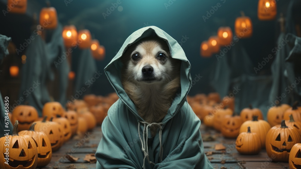 Dog dressed for Halloween with pumpkins in the background