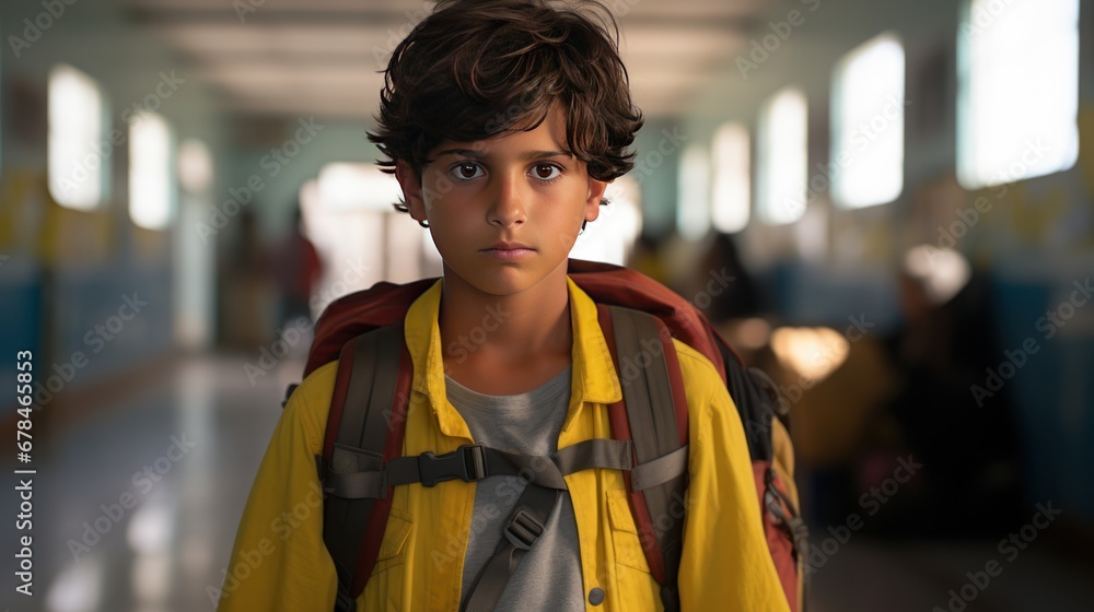 Portrait of boy wearing a yellow shirt and carrying a backpack standing in the school corridor 