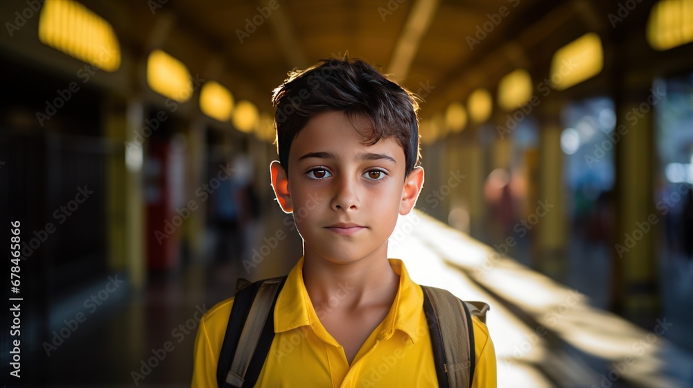 Naklejka premium Portrait of boy wearing a yellow shirt and carrying a backpack standing in the school corridor 