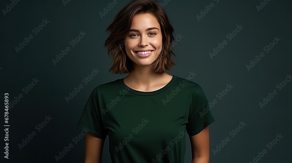 Portrait of funny young lady dressed casual t-shirt smiling on dark green background. Portrait of funny young lady dressed casual t-shirt smiling on dark green background.