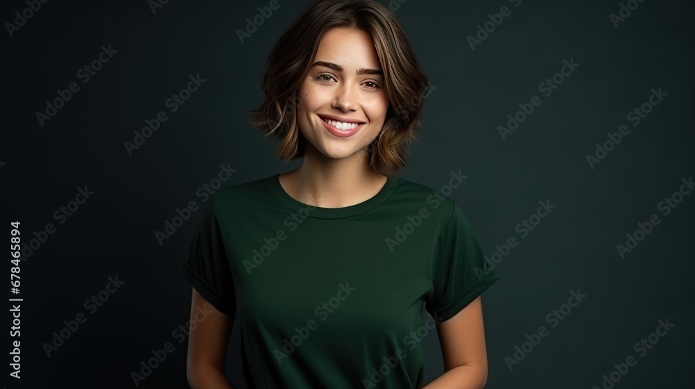 Portrait of funny young lady dressed casual t-shirt smiling on dark green background. Portrait of funny young lady dressed casual t-shirt smiling on dark green background.