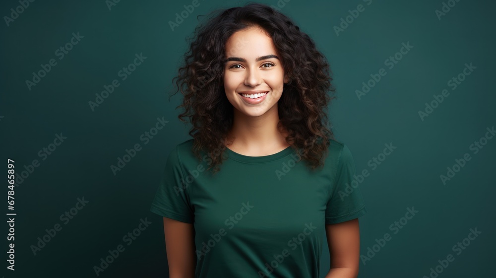 Portrait of funny young lady dressed casual t-shirt smiling on dark green background. Portrait of funny young lady dressed casual t-shirt smiling on dark green background.