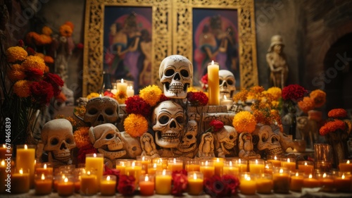 Shot of an altar of the dead with some of its traditional elements such as marigold flower and candles photo