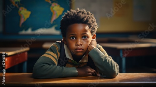 Portrait of a young African child with a sad face in the classroom.  photo