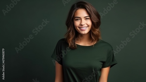 Portrait of funny young lady dressed casual t-shirt smiling on dark green background. photo