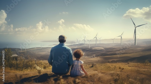 carefree father engineer keeping his daughter for hand and looking on windmill field photo