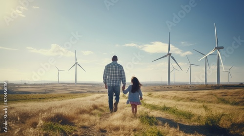 carefree father engineer keeping his daughter for hand and looking on windmill field
