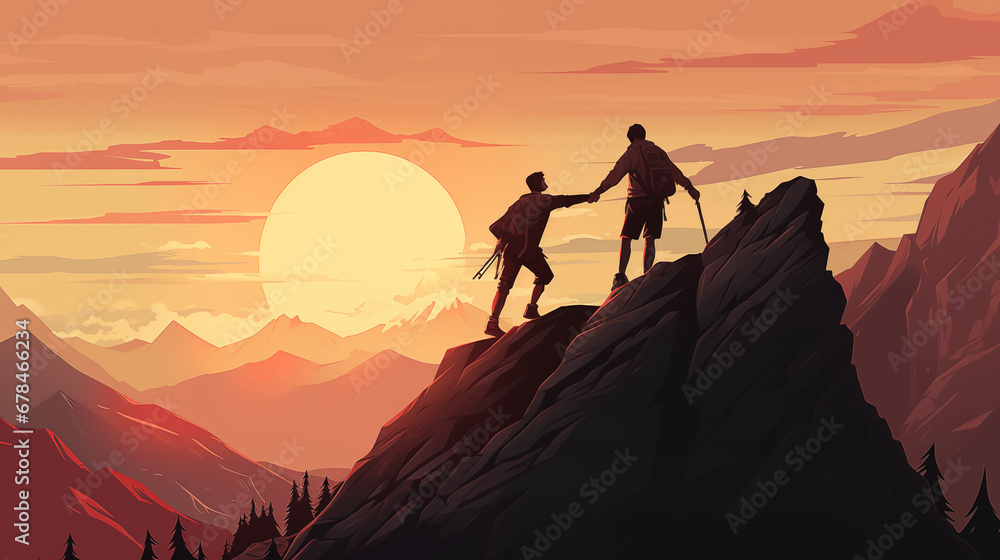 friends helping each other on mountain for trek