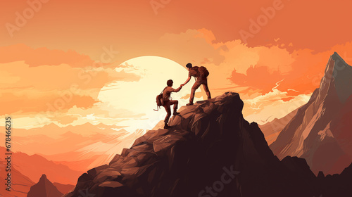 a man assisting his friend in reaching the mountain top. The symbolism of the mountain represents challenges overcome through collaboration. The supportive gesture embodies the strength of unity and s