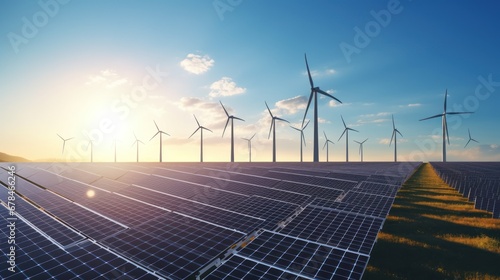 solar cell plant and wind generators under blue sky on sunset.