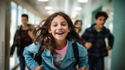 Teenager school kids running in high school hallway ,happy, smiling  © CStock
