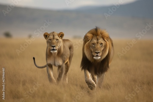 A lion and lioness strolling across the vast grasslands, seen up close. Generative AI © Cerys