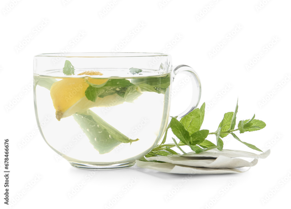 Cup of fresh mint tea with lemon isolated on white background Cup of fresh mint tea with lemon isolated on white background