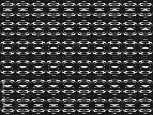 Black metal texture steel background with unique ornament. Abstract metal sheet.