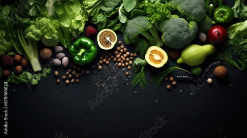  Top view of healthy organic food: green vegetables, seeds and herbs on dark background