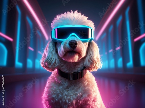 Illustration of petfluencer character Maltese Poodle dog in VR goggles illuminated with pink light against neon blue background. Ai Generative Art photo