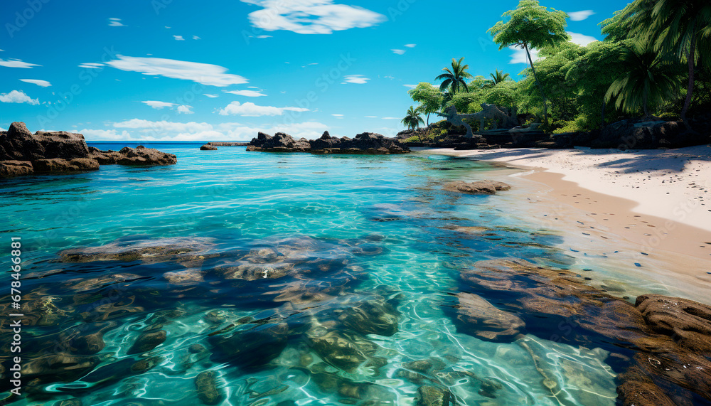 Obraz premium Tropical coastline, turquoise waters, palm trees perfect vacation destination generated by AI