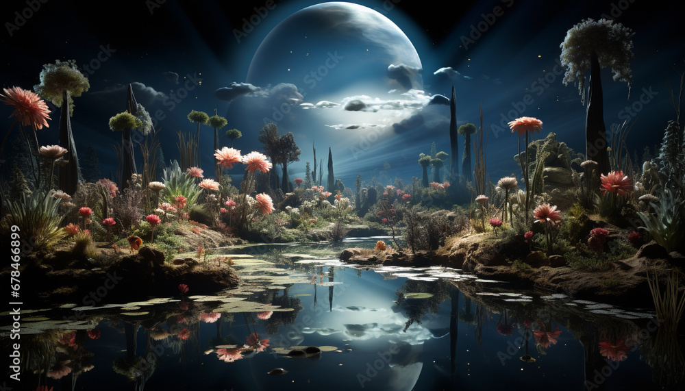 Obraz premium Underwater landscape fish, reef, deep, night, blue, fantasy, illustration generated by AI
