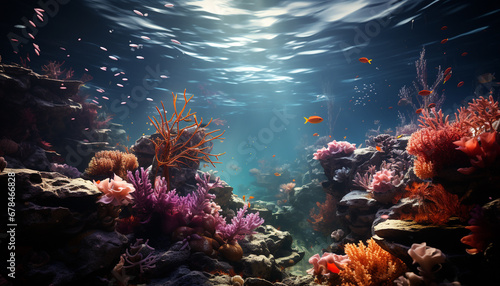 Underwater reef, nature fish, coral animal, deep multi colored beauty generated by AI