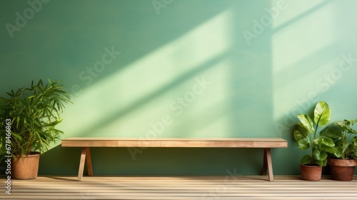 Old wooden table or chair in house with green wall background with sunlight window, © CStock