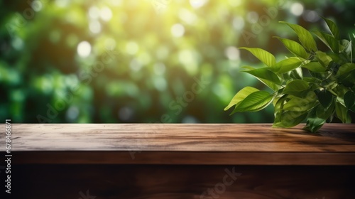 Product placement background  wood table and green wall background with sunlight window