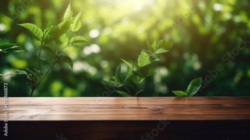 Product placement background  wood table and green wall background with sunlight window